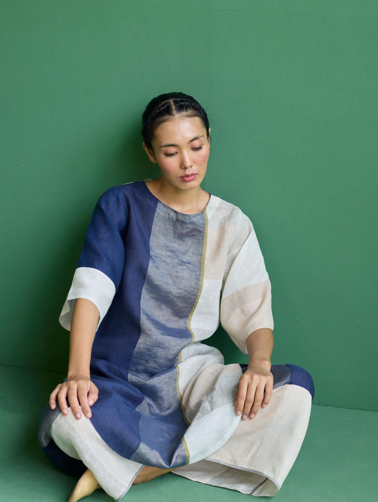 Risa Color-Blocked Kurta Set
 - Navy linen by Manan in navy color for women Worldwide