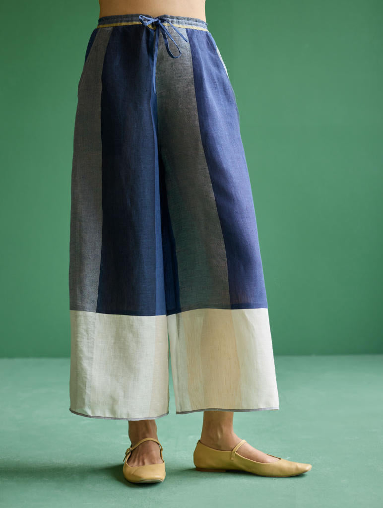 Risa Color-Blocked Kurta Set
 - Navy linen by Manan in navy color for women Worldwide