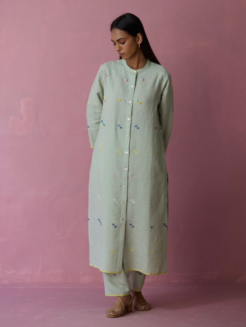 Miel Hand-Embroidered Jamdani Linen Kurta Set - Aqua all linen by Manan for women Worldwide