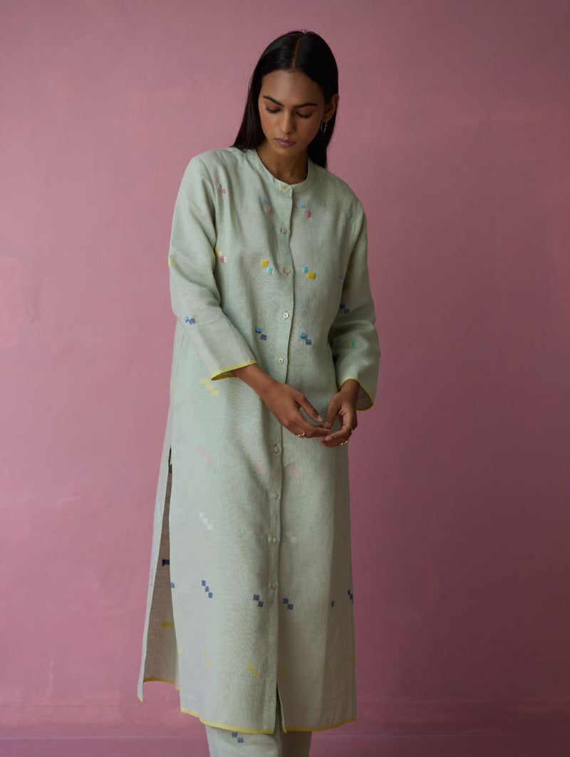 Miel Hand-Embroidered Jamdani Linen Kurta Set - Aqua all linen by Manan for women Worldwide