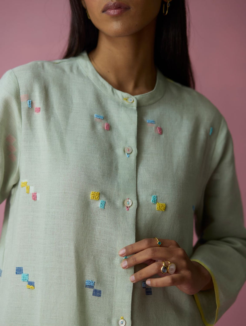 Miel Hand-Embroidered Jamdani Linen Kurta Set - Aqua all linen by Manan for women Worldwide
