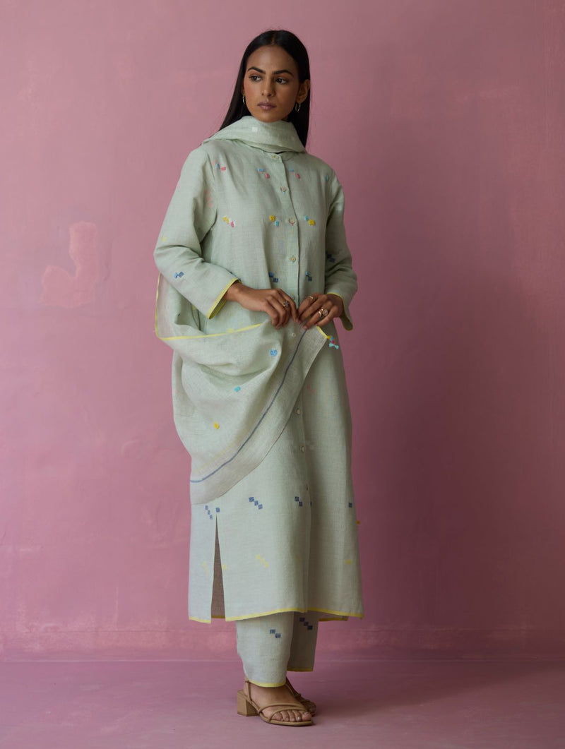 Miel Hand-Embroidered Jamdani Linen Kurta Set - Aqua all linen by Manan for women Worldwide