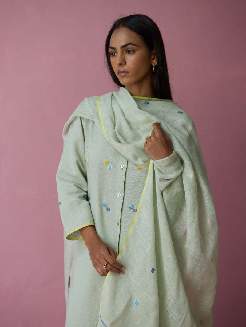 Miel Hand-Embroidered Jamdani Linen Kurta Set - Aqua all linen by Manan for women Worldwide