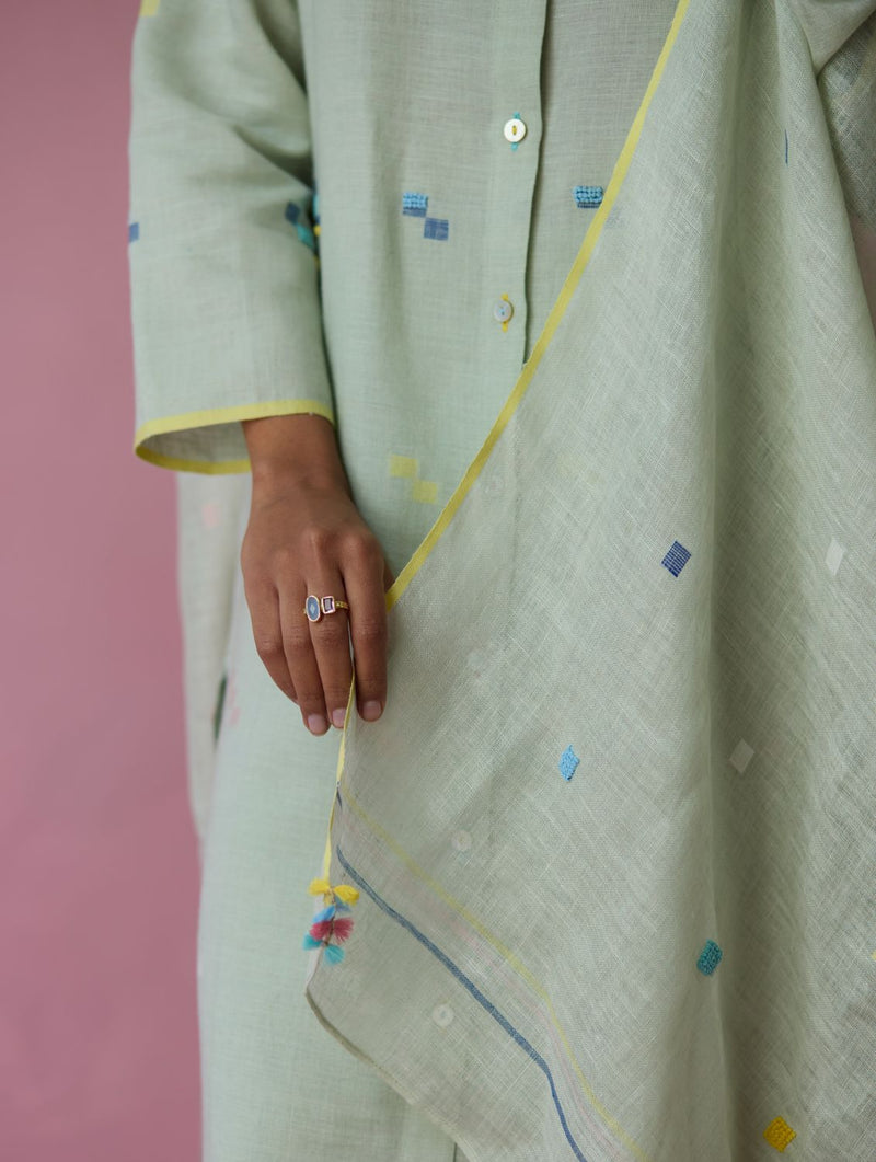Miel Hand-Embroidered Jamdani Linen Kurta Set - Aqua all linen by Manan for women Worldwide