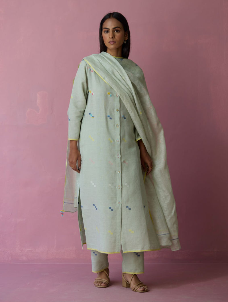 Miel Hand-Embroidered Jamdani Linen Kurta Set - Aqua all linen by Manan for women Worldwide