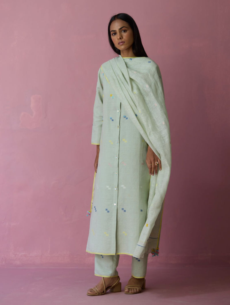 Miel Hand-Embroidered Jamdani Linen Kurta Set - Aqua all linen by Manan for women Worldwide