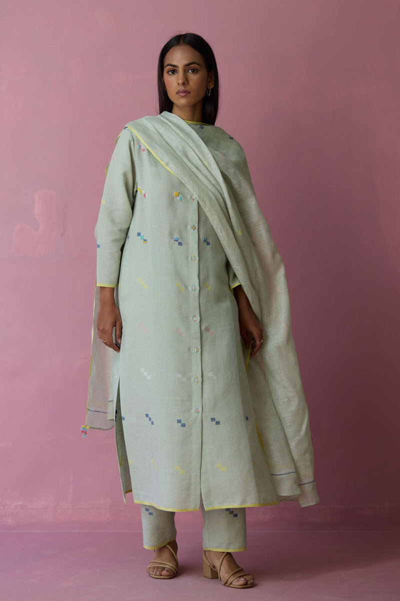 Miel Hand-Embroidered Jamdani Linen Kurta Set - Aqua all linen by Manan for women Worldwide