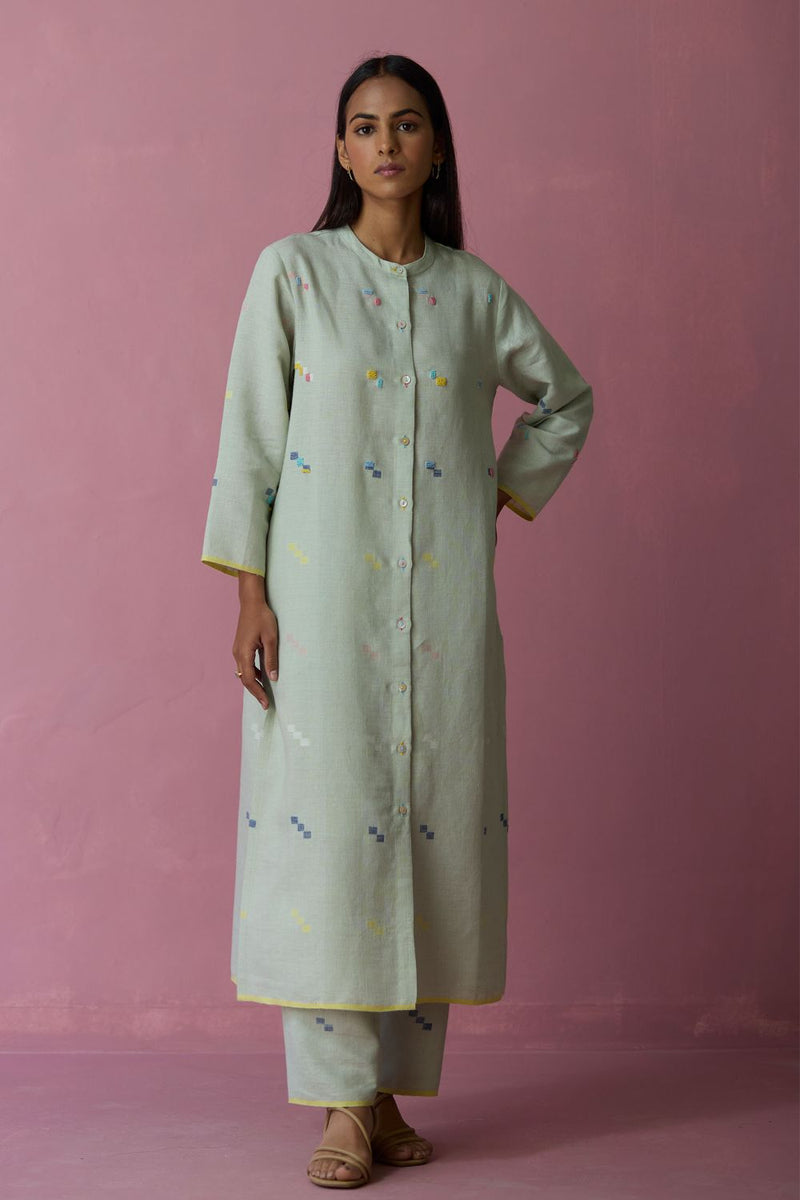 Miel Hand-Embroidered Jamdani Linen Kurta Set - Aqua all linen by Manan for women Worldwide