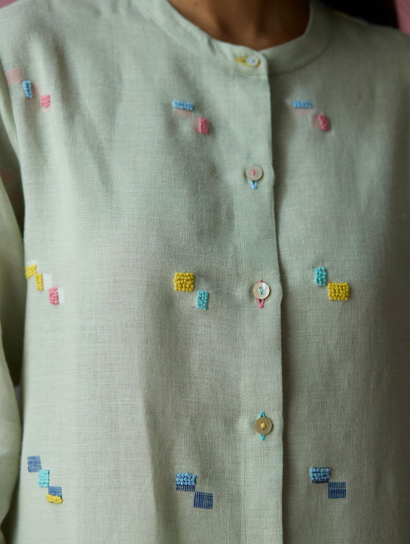 Miel Hand-Embroidered Jamdani Linen Kurta Set - Aqua all linen by Manan for women Worldwide