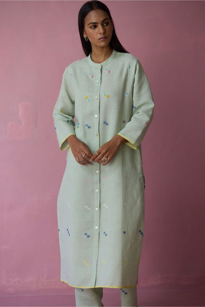 Miel Hand-Embroidered Jamdani Linen Kurta Set - Aqua all linen by Manan for women Worldwide