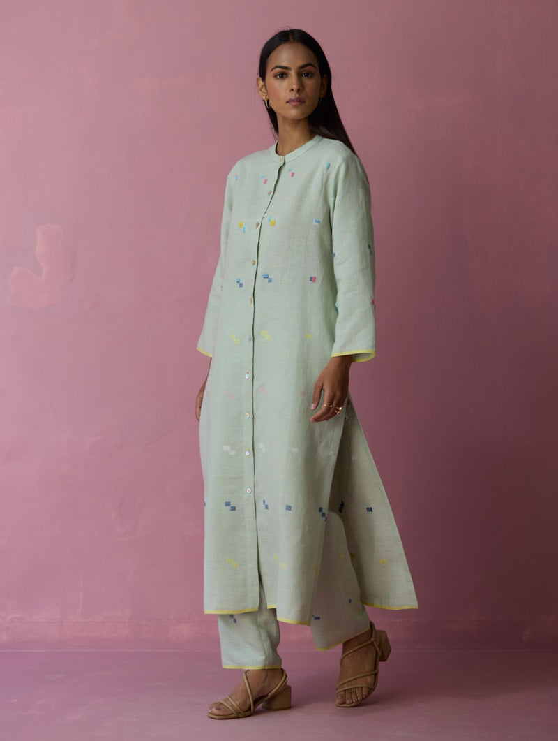Miel Hand-Embroidered Jamdani Linen Kurta Set - Aqua all linen by Manan for women Worldwide