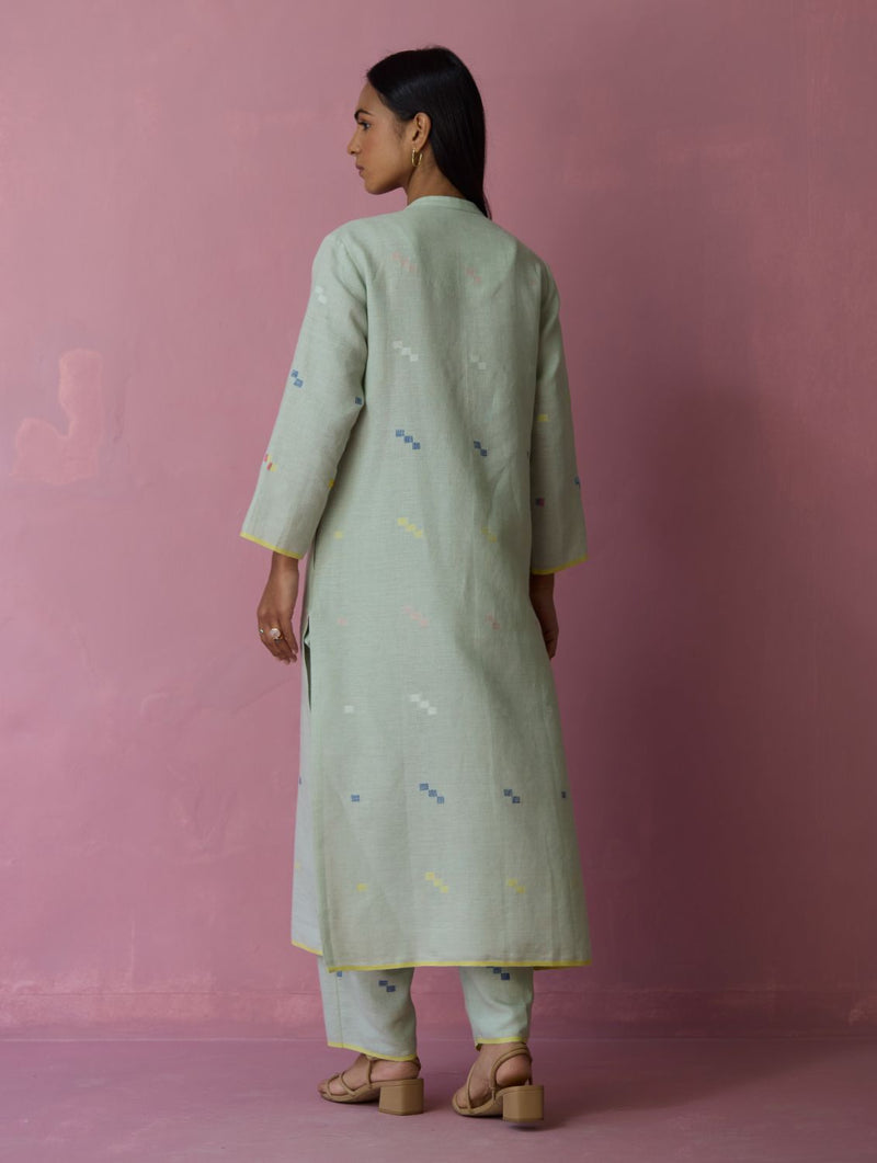 Miel Hand-Embroidered Jamdani Linen Kurta Set - Aqua all linen by Manan for women Worldwide