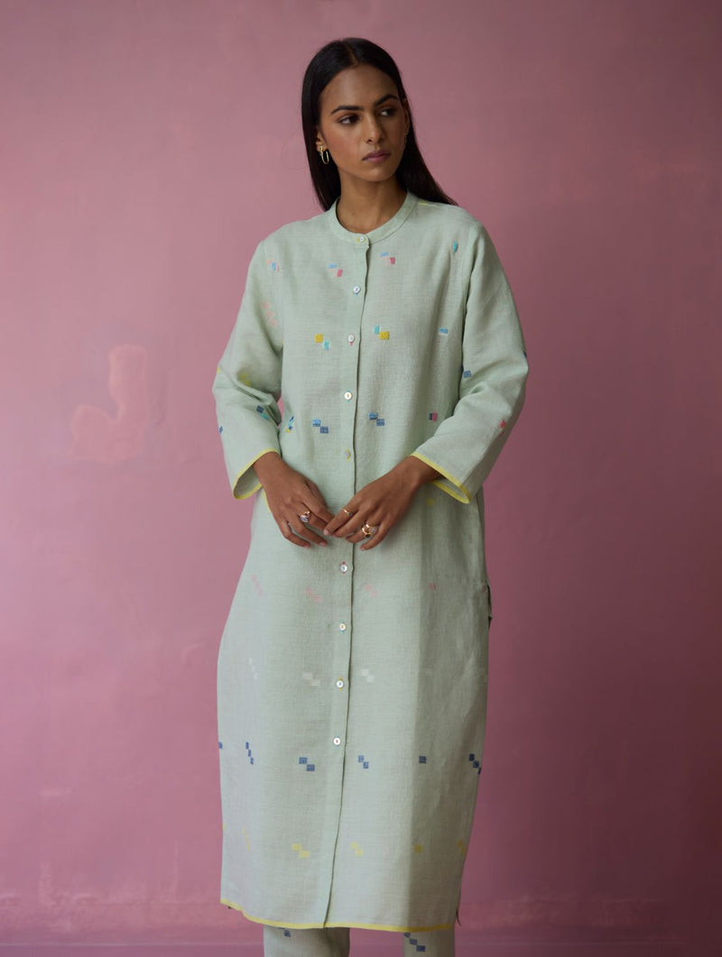 Miel Hand-Embroidered Jamdani Linen Kurta Set - Aqua all linen by Manan for women Worldwide