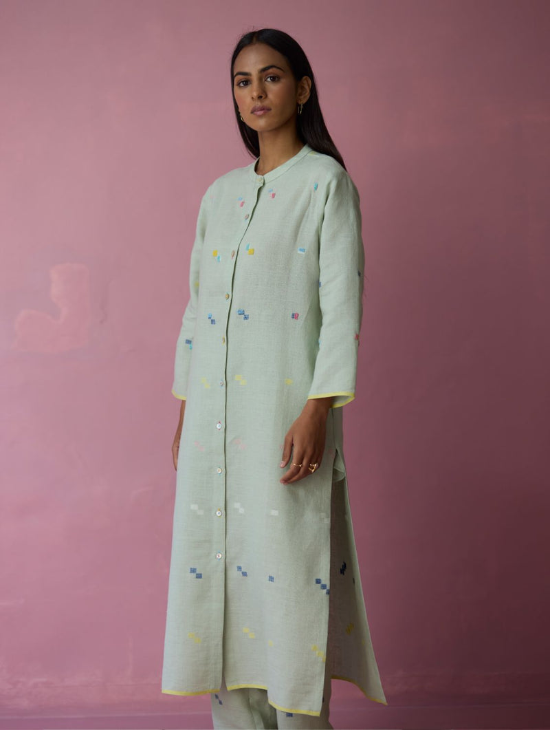 Miel Hand-Embroidered Jamdani Linen Kurta Set - Aqua all linen by Manan for women Worldwide