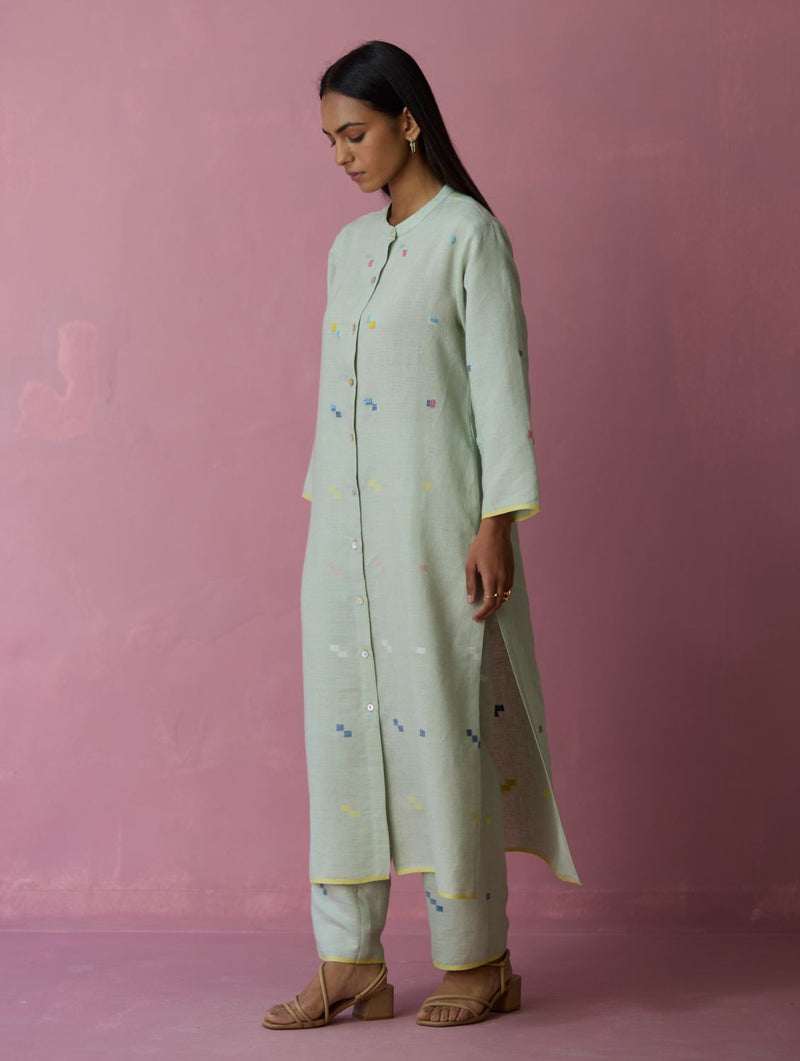 Miel Hand-Embroidered Jamdani Linen Kurta Set - Aqua all linen by Manan for women Worldwide
