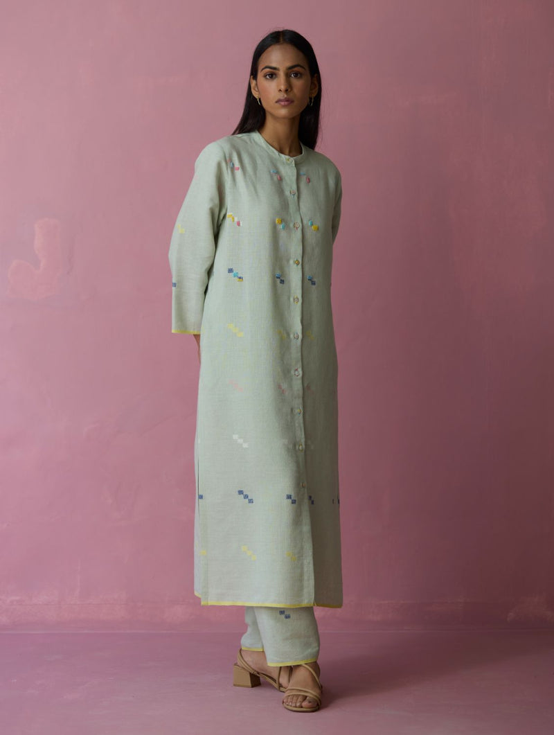 Miel Hand-Embroidered Jamdani Linen Kurta Set - Aqua all linen by Manan for women Worldwide