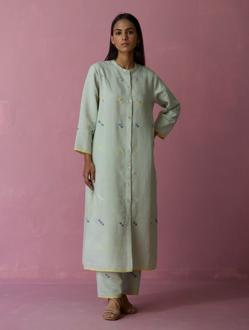 Miel Hand-Embroidered Jamdani Linen Kurta Set - Aqua all linen by Manan for women Worldwide