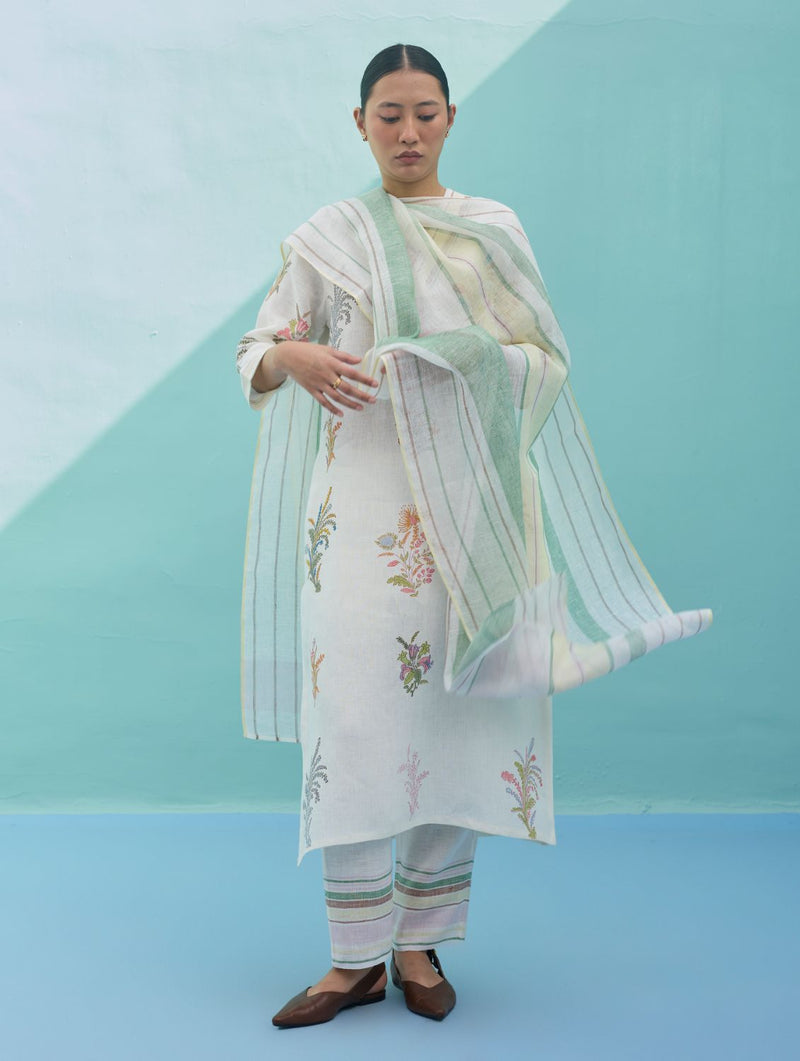 Zura Floral Block-Printed Embroidered Kurta Set - Ivory linen light kurta set by Manan in ivory for women Worldwide