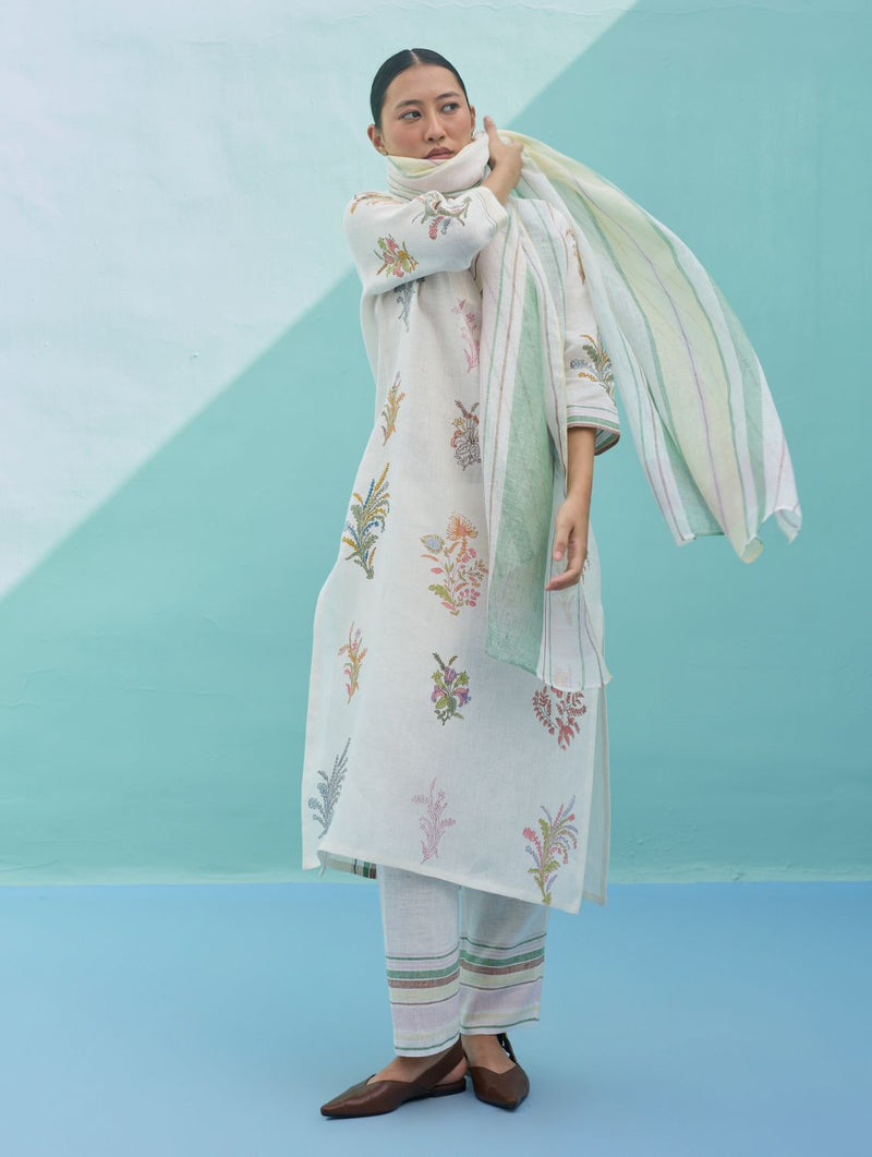 Zura Floral Block-Printed Embroidered Kurta Set - Ivory linen light kurta set by Manan in ivory for women Worldwide