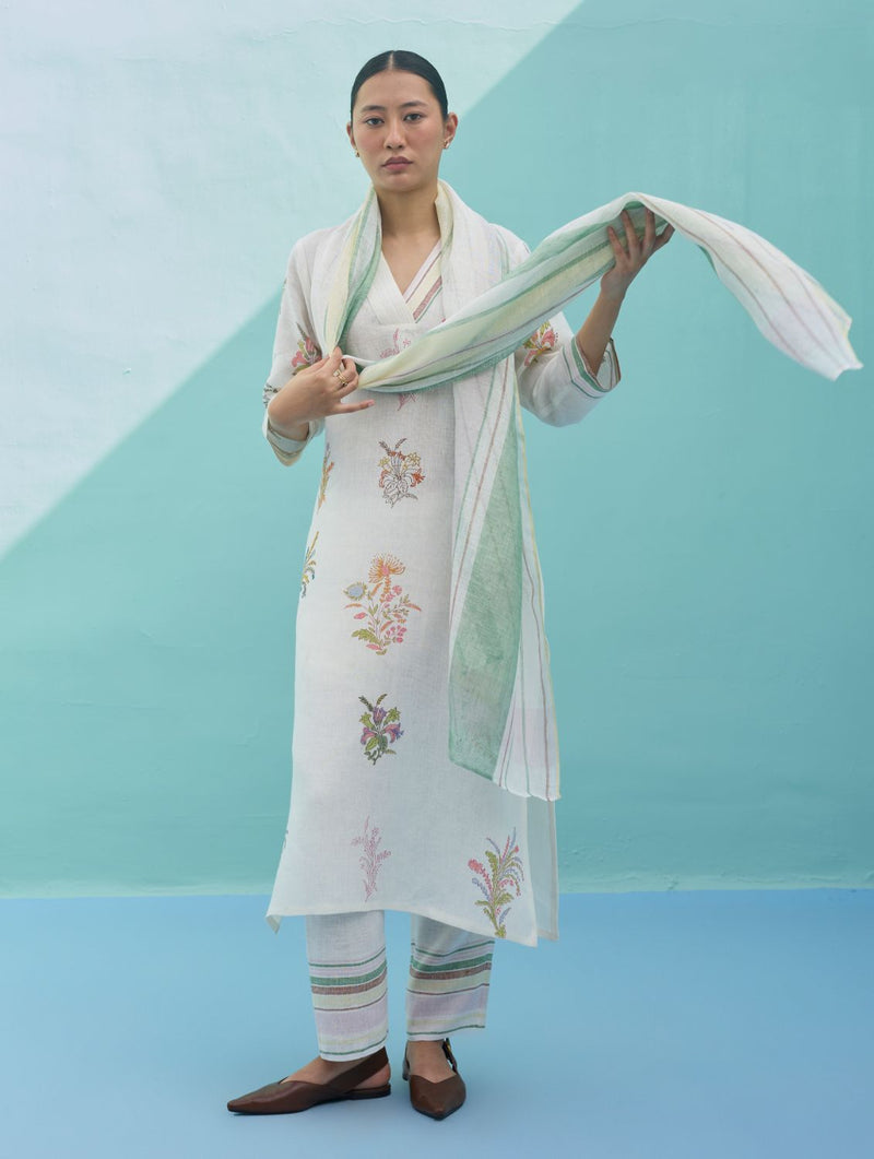 Zura Floral Block-Printed Embroidered Kurta Set - Ivory linen light kurta set by Manan in ivory for women Worldwide