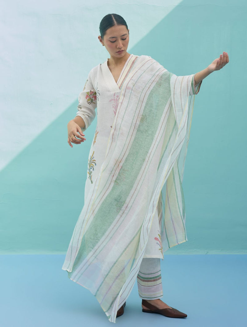 Zura Floral Block-Printed Embroidered Kurta Set - Ivory linen light kurta set by Manan in ivory for women Worldwide