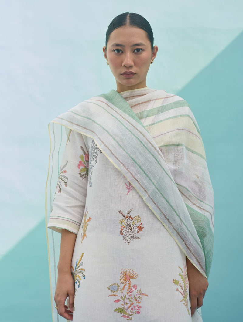 Zura Floral Block-Printed Embroidered Kurta Set - Ivory linen light kurta set by Manan in ivory for women Worldwide