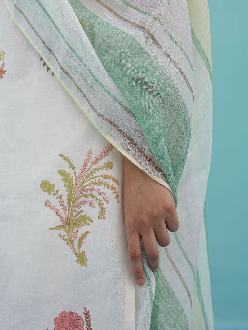 Zura Floral Block-Printed Embroidered Kurta Set - Ivory linen light kurta set by Manan in ivory for women Worldwide