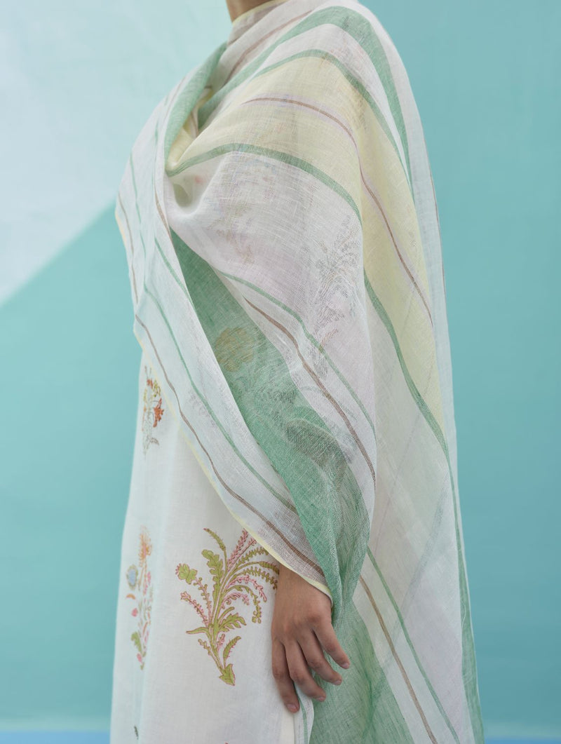 Zura Floral Block-Printed Embroidered Kurta Set - Ivory linen light kurta set by Manan in ivory for women Worldwide
