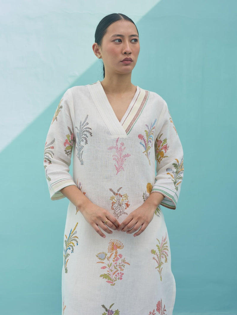 Zura Floral Block-Printed Embroidered Kurta Set - Ivory linen light kurta set by Manan in ivory for women Worldwide