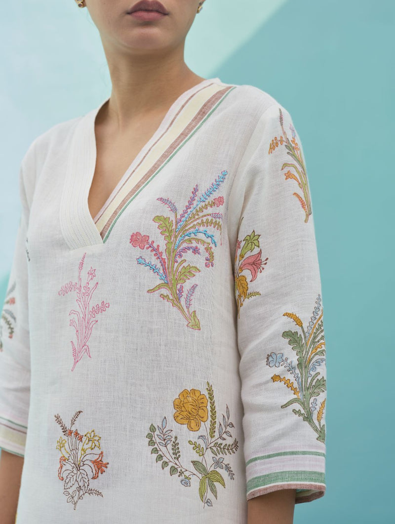 Zura Floral Block-Printed Embroidered Kurta Set - Ivory linen light kurta set by Manan in ivory for women Worldwide