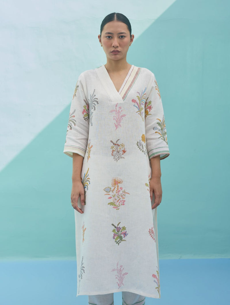 Zura Floral Block-Printed Embroidered Kurta - Ivory linen dress by Manan in ivory for women Worldwide