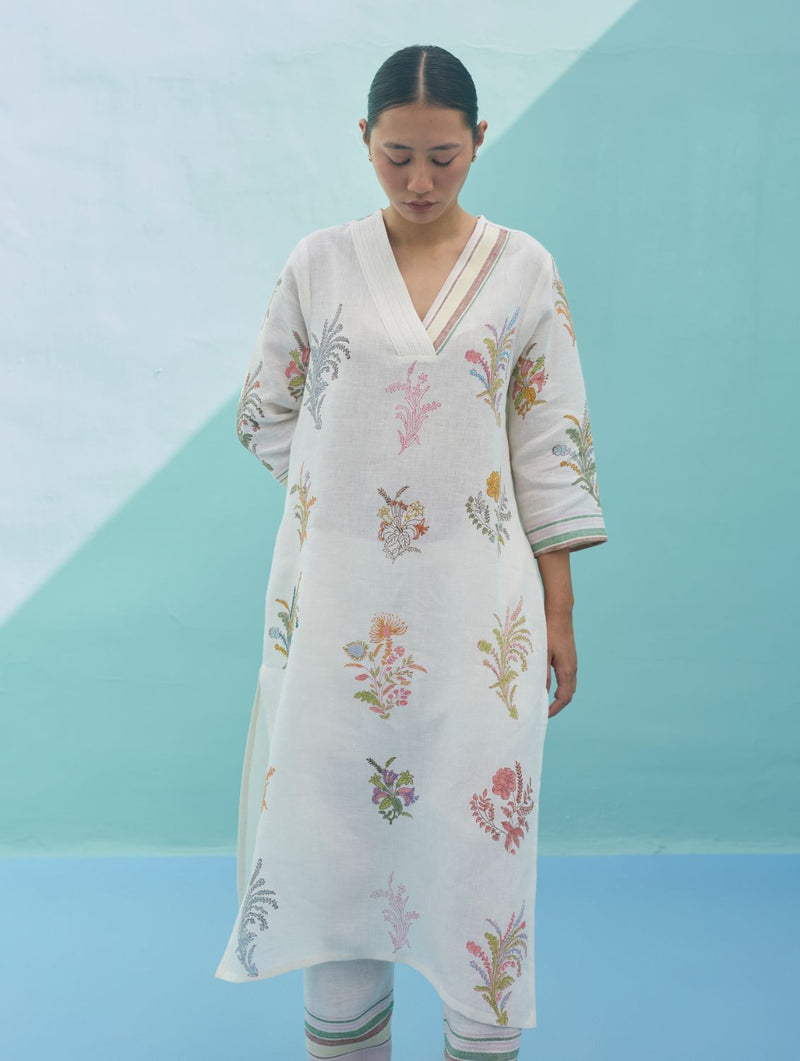 Zura Floral Block-Printed Embroidered Kurta Set - Ivory linen light kurta set by Manan in ivory for women Worldwide