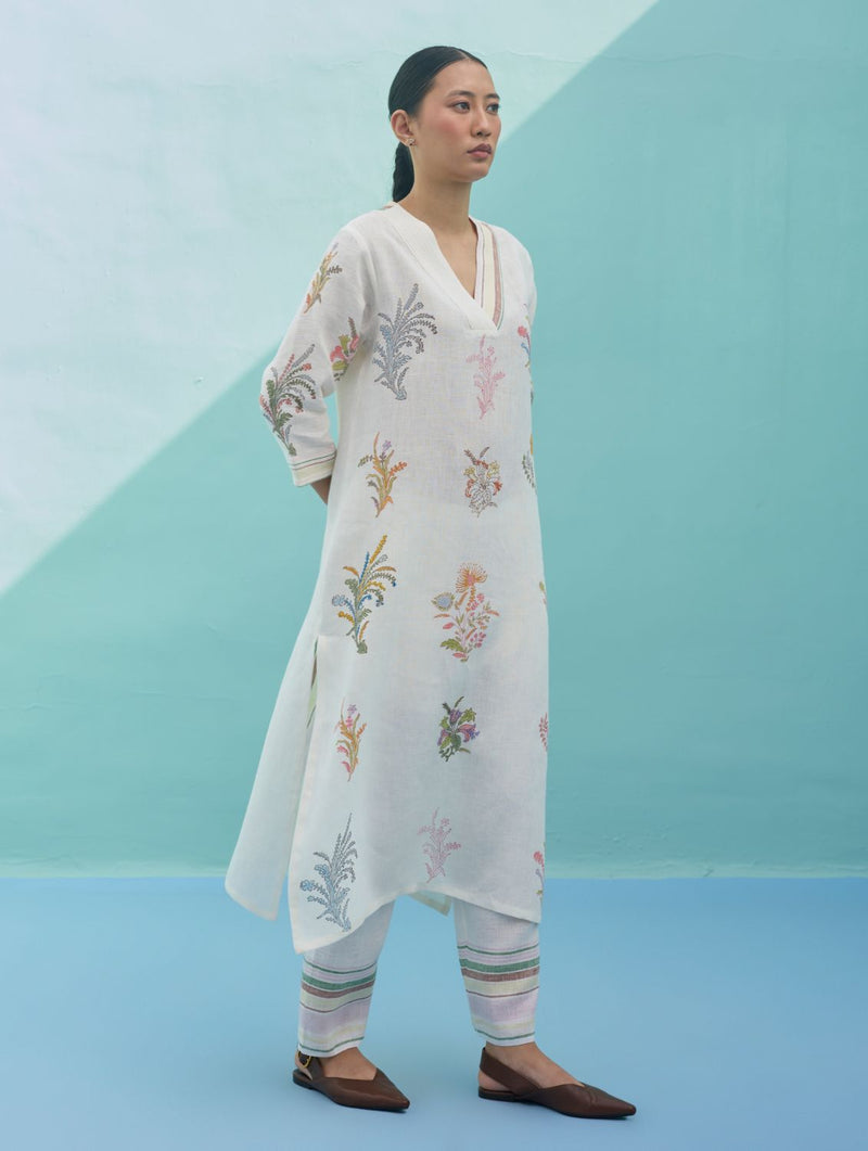 Zura Floral Block-Printed Embroidered Kurta - Ivory linen dress by Manan in ivory for women Worldwide