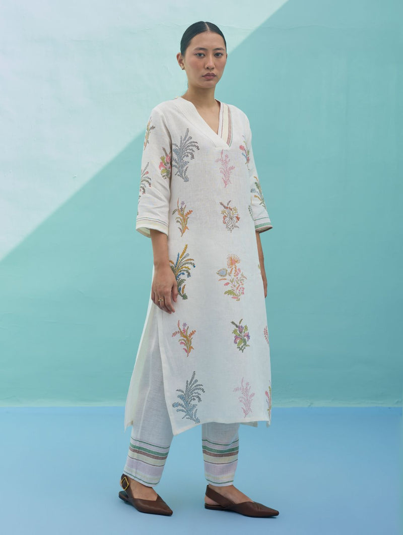 Zura Floral Block-Printed Embroidered Kurta Set - Ivory linen light kurta set by Manan in ivory for women Worldwide