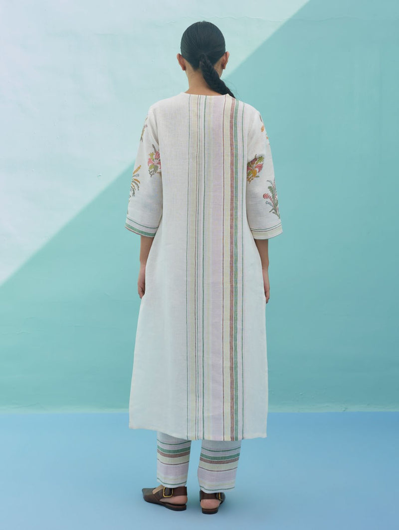 Zura Floral Block-Printed Embroidered Kurta Set - Ivory linen light kurta set by Manan in ivory for women Worldwide