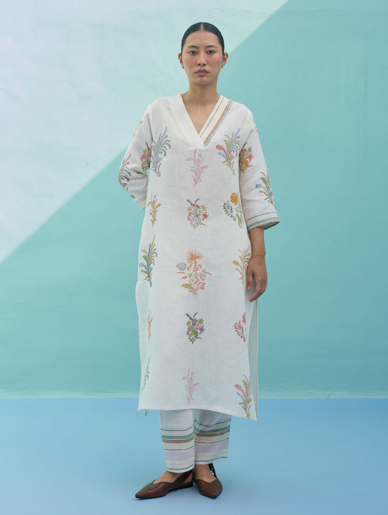 Zura Floral Block-Printed Embroidered Kurta - Ivory linen dress by Manan in ivory for women Worldwide