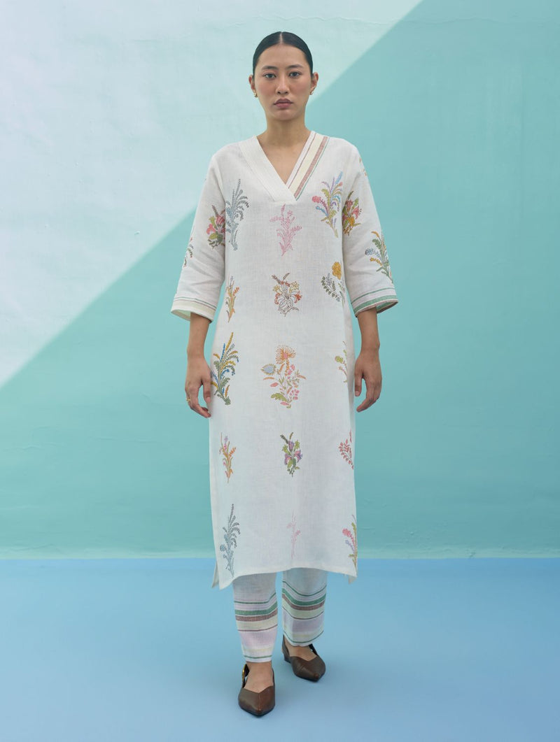 Zura Floral Block-Printed Embroidered Kurta - Ivory linen dress by Manan in ivory for women Worldwide