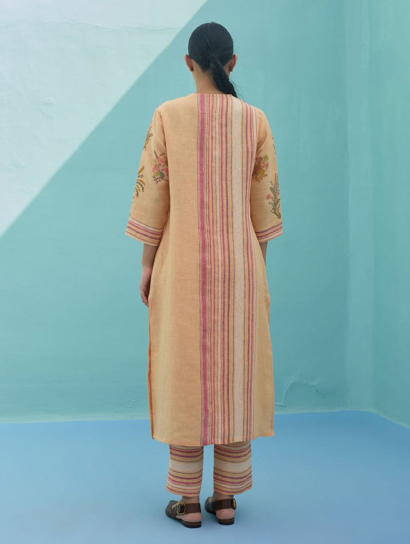 Zura Floral Block Printed Embroidered Kurta - Apricot linen light kurta set by Manan in apricot for women Worldwide