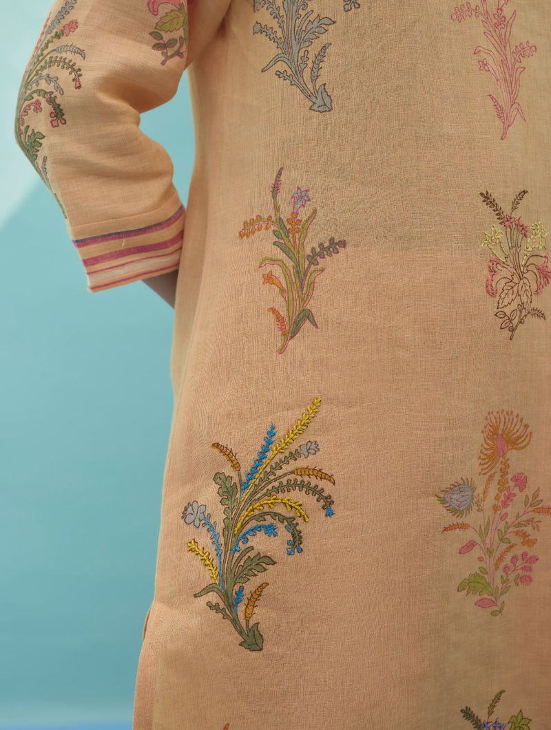 Zura Floral Block Printed Embroidered Kurta - Apricot linen light kurta set by Manan in apricot for women Worldwide