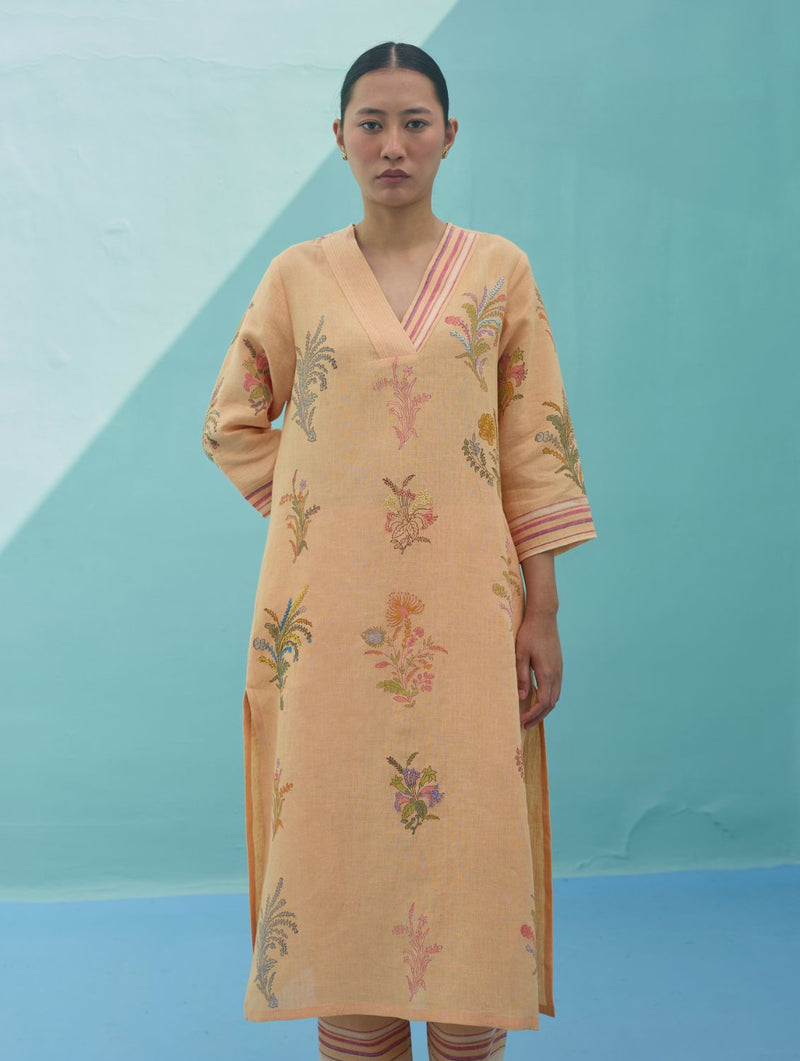 Zura Floral Block Printed Embroidered Kurta - Apricot linen light kurta set by Manan in apricot for women Worldwide
