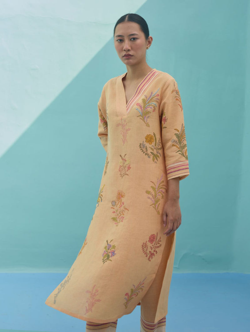 Zura Floral Block Printed Embroidered Kurta - Apricot linen light kurta set by Manan in apricot for women Worldwide