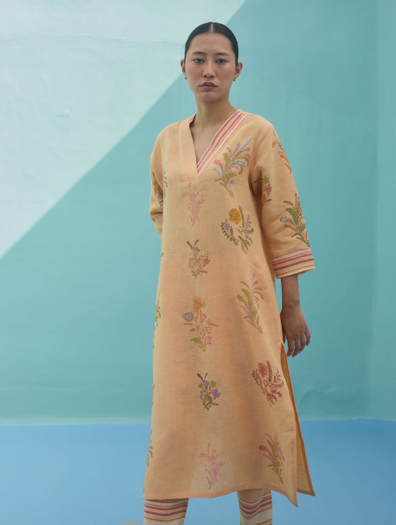 Zura Floral Block Printed Embroidered Kurta Set - Apricot linen light kurta set by Manan in apricot for women Worldwide