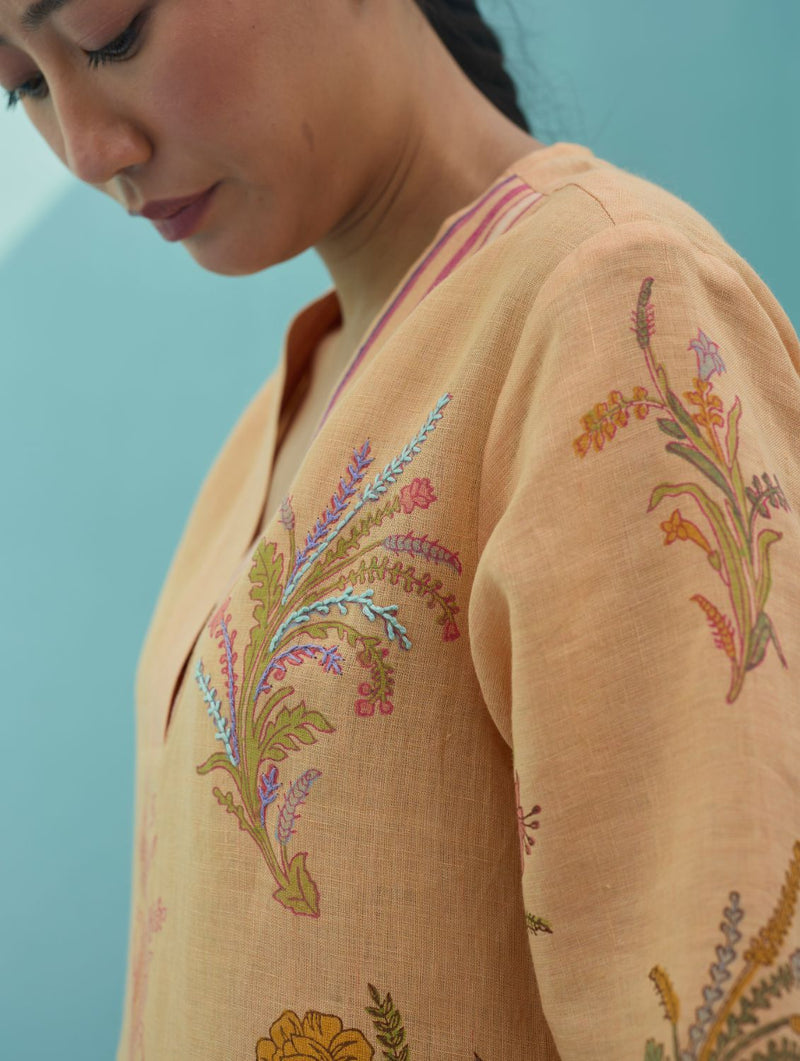 Zura Floral Block Printed Embroidered Kurta Set - Apricot linen light kurta set by Manan in apricot for women Worldwide