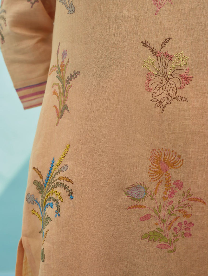 Zura Floral Block Printed Embroidered Kurta Set - Apricot linen light kurta set by Manan in apricot for women Worldwide