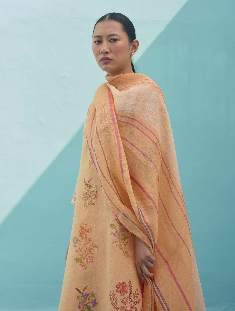 Zura Floral Block Printed Embroidered Kurta Set - Apricot linen light kurta set by Manan in apricot for women Worldwide