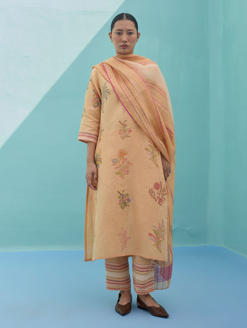 Zura Floral Block Printed Embroidered Kurta Set - Apricot linen light kurta set by Manan in apricot for women Worldwide