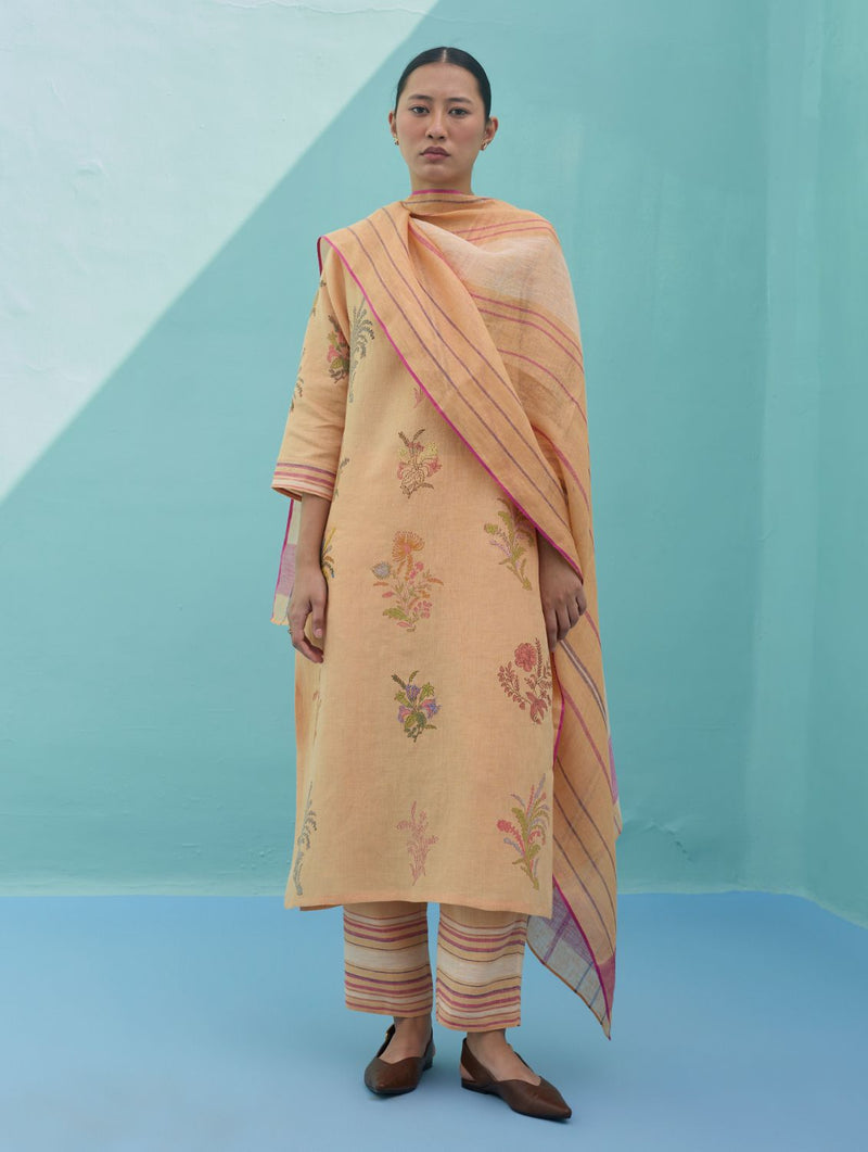 Zura Floral Block Printed Embroidered Kurta Set - Apricot linen light kurta set by Manan in apricot for women Worldwide