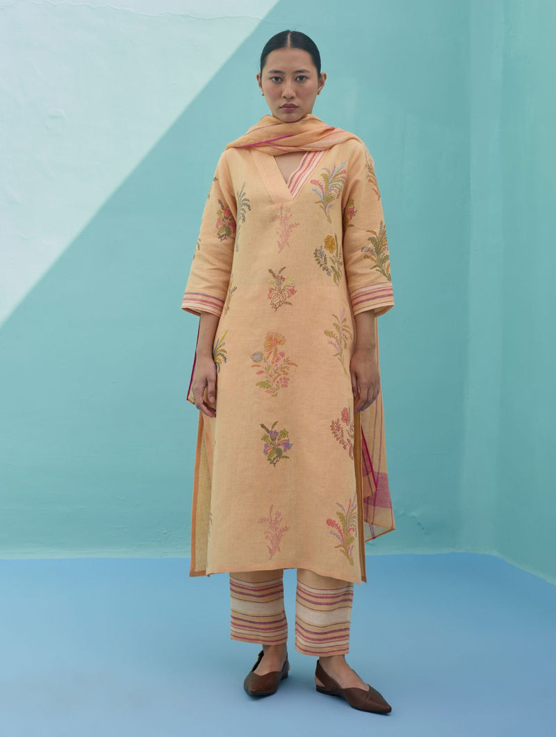 Zura Floral Block Printed Embroidered Kurta Set - Apricot linen light kurta set by Manan in apricot for women Worldwide