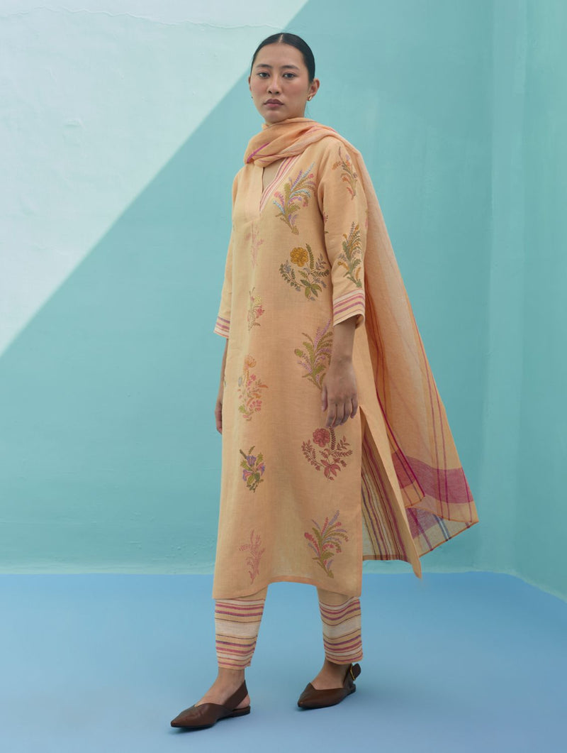 Zura Floral Block Printed Embroidered Kurta Set - Apricot linen light kurta set by Manan in apricot for women Worldwide