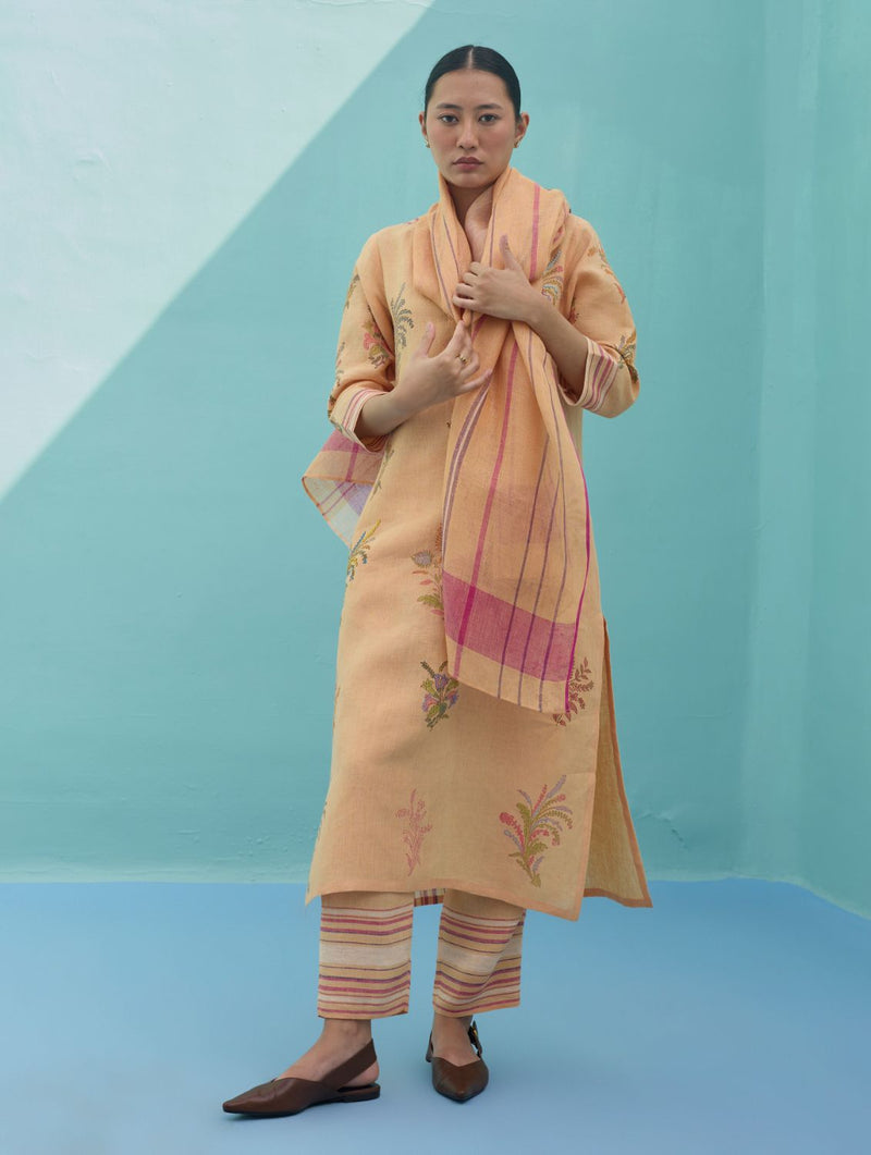 Zura Floral Block Printed Embroidered Kurta Set - Apricot linen light kurta set by Manan in apricot for women Worldwide